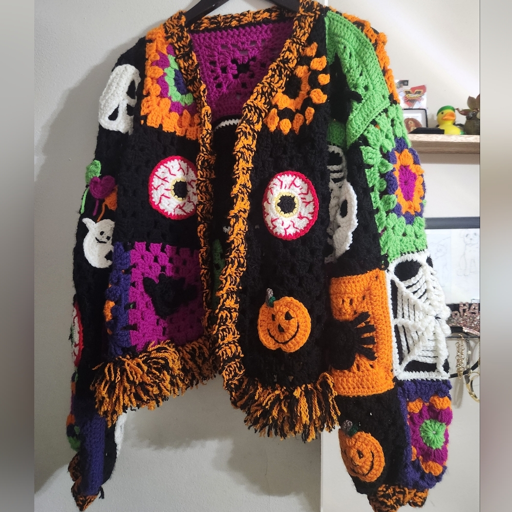 Colorful Halloween-Themed Crochet Cardigan